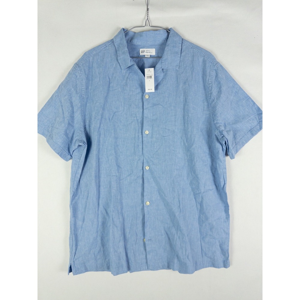 Gap Linen Short Sleeve Button Down Shirt Mens L Light Blue Coastal Casual NWT